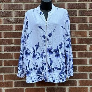 Chico's Floral Lightweight Bomber Jacket Blue White Chico's Sz 2 (M)